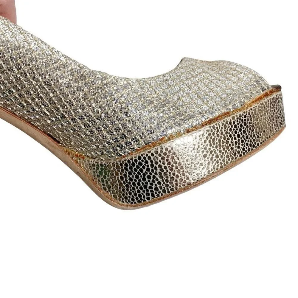 Jimmy Choo Gold Champagne Glitter Luna Peep Toe Platform Pumps Women’s Size 38.5